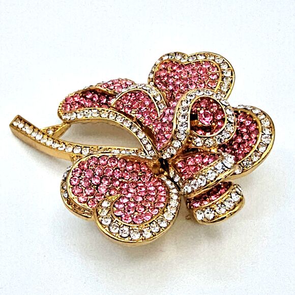Joan Rivers Flower Brooch Vtg Pink Heart Petal Pave Crystal Swarovski RARE Pin - Picture 5 of 12